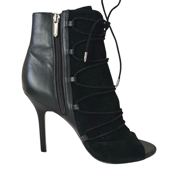 Sam Edelman Women Leather Bootie Shoes Stiletto 4” Heel Black Open Toe Size 7.5” - Picture 1 of 8